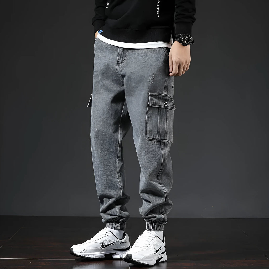 Japanese style workwear multi-pocket jeans in blue for men, mid-waist cotton trousers