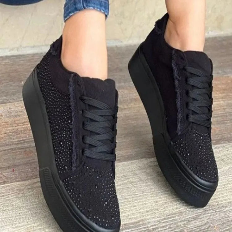 Plus size women's black lace-up casual shoes with rhinestones, chunky flat heel, and round toe.