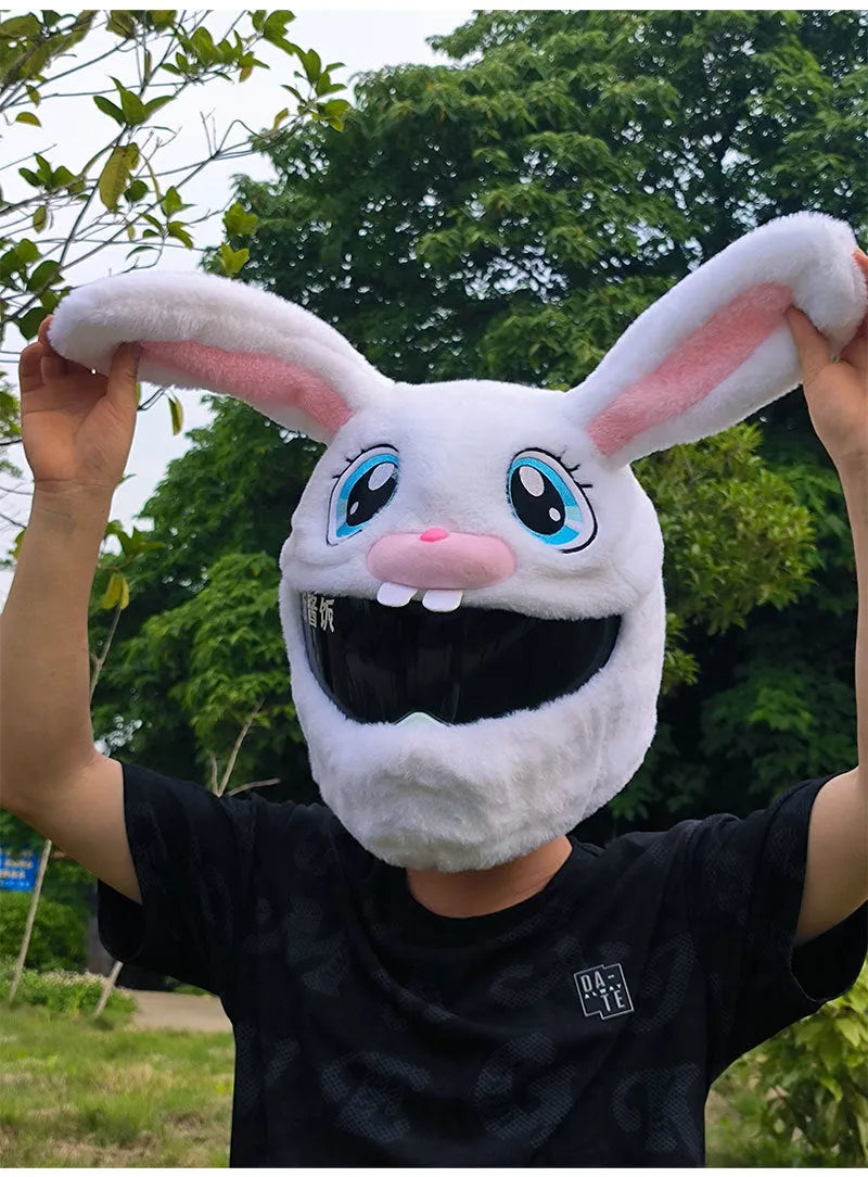 White rabbit head decorative cover for electric motorcycle helmet with long ears