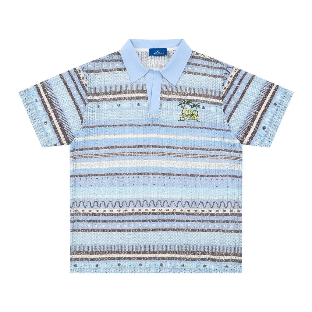 Men's blue printed loose fit casual shirt with short sleeves and elastic polyester fabric