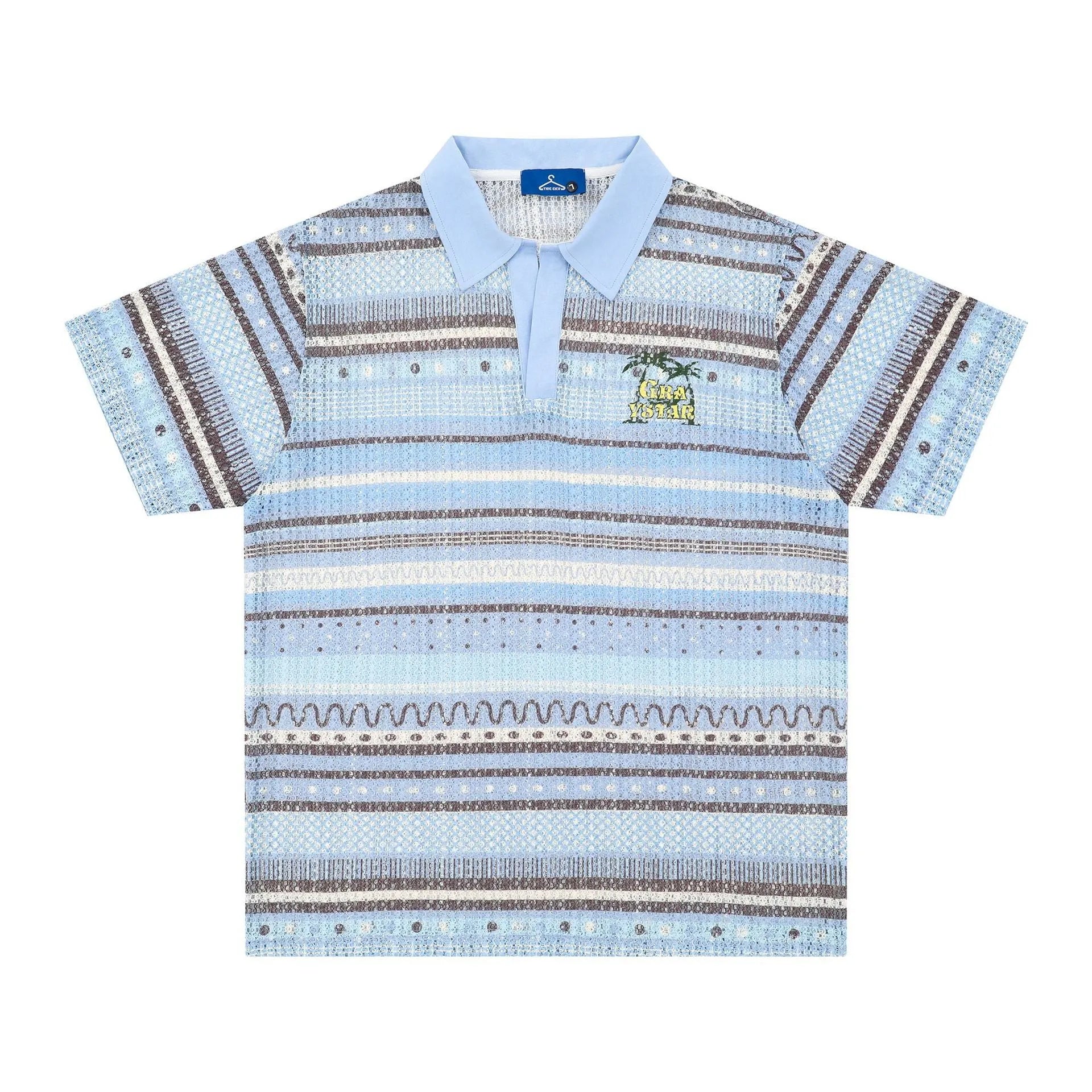 Men's blue printed loose fit casual shirt with short sleeves and elastic polyester fabric