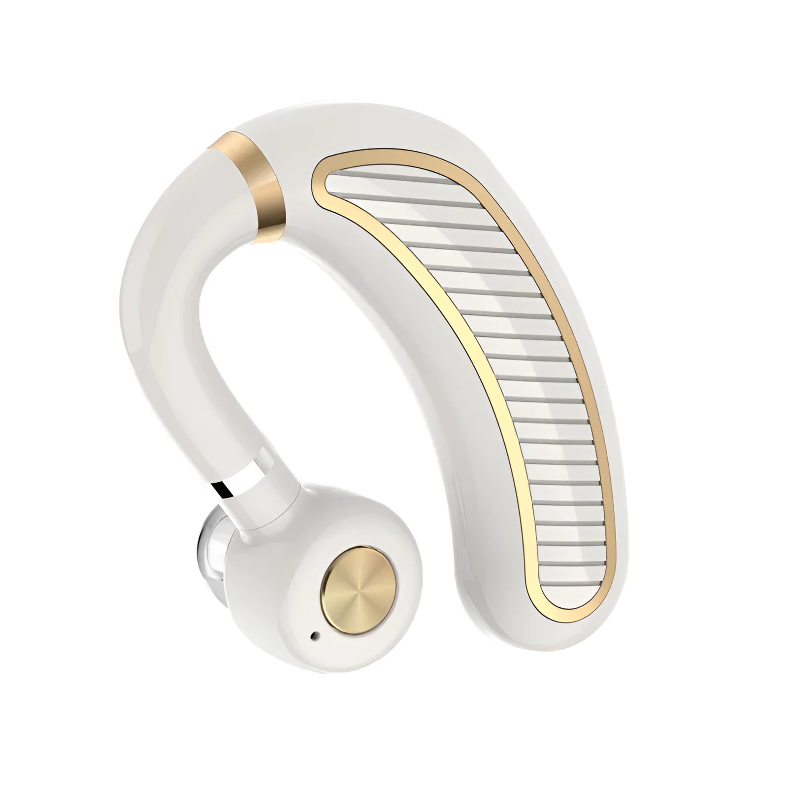 Wireless sweatproof earphones in black gold, black silver, box, and white gold colour options.