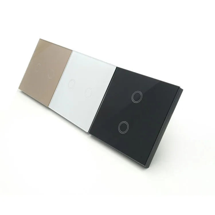 Type 86 touch-sensitive light switch with tempered glass panel in black, golden, or white.