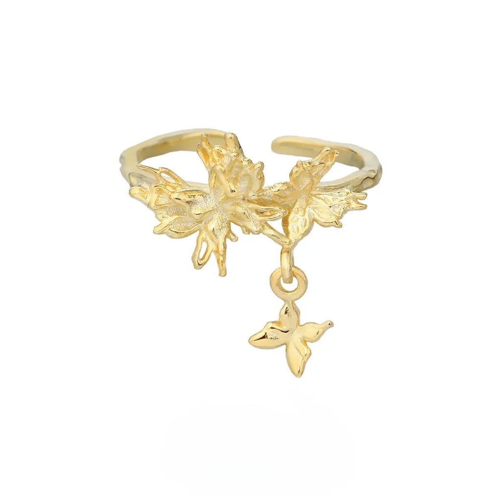 Adjustable silver ring with detailed butterfly design in white gold or 18K gold finish