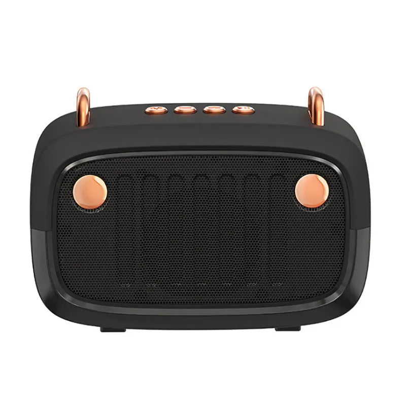 Compact portable Bluetooth mini speaker with USB port and control buttons, shown in black.