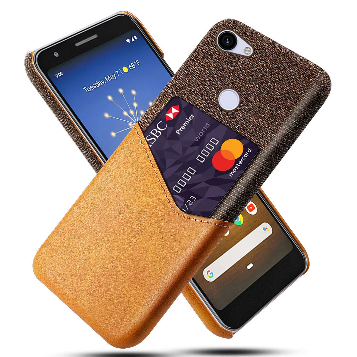 Genuine leather Google Pixel mobile phone case in solid colour on a wooden table.