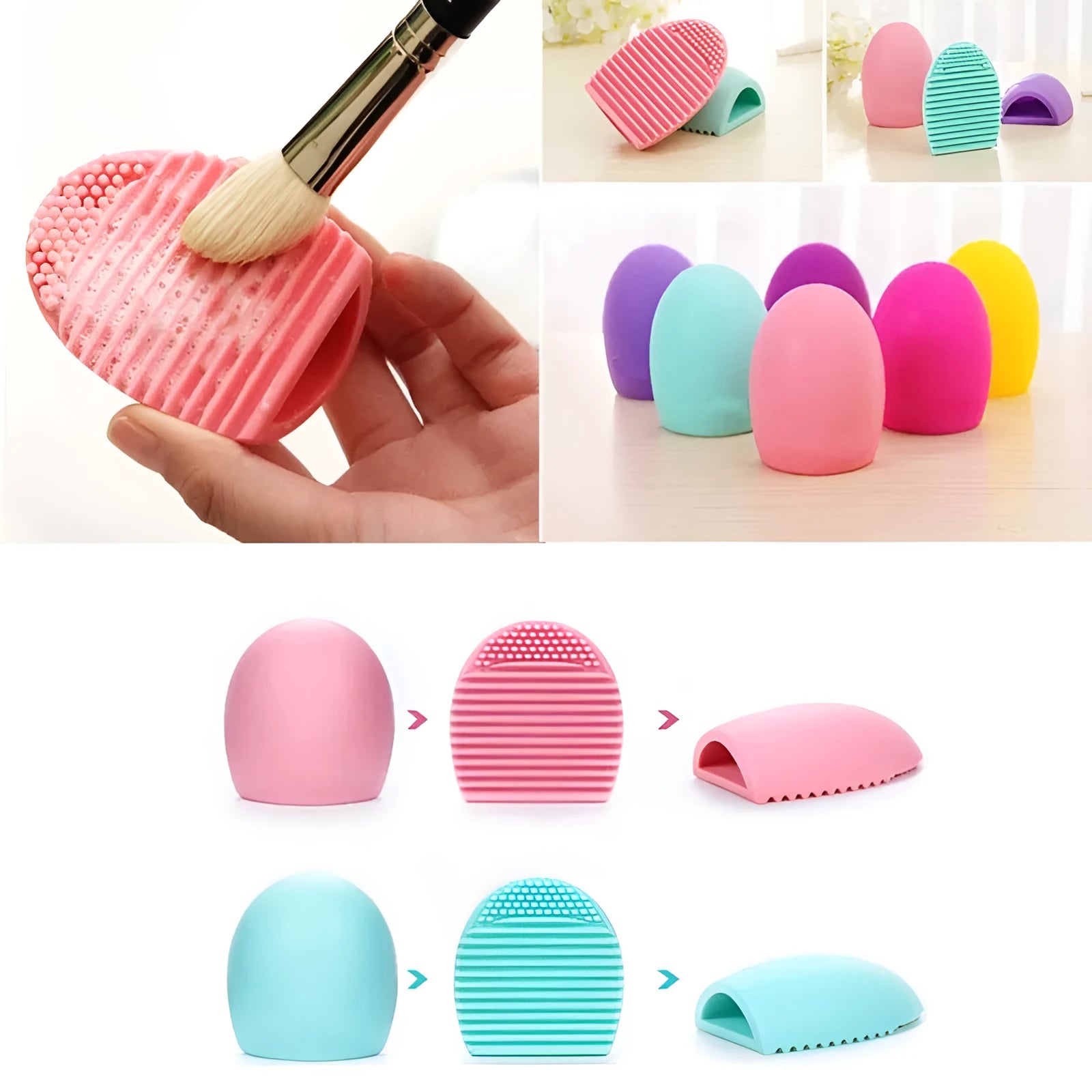 Silicone makeup brush wash egg in blue with top knobs and bottom grooves for cleaning bristles