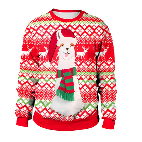 Ugly Christmas sweater with Santa and Elf print, long sleeves, round neck, loose fit for women and men