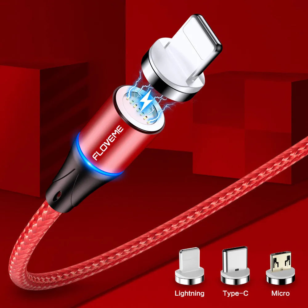 Black magnetic USB charging cable with illuminated side light on connector, next to smartphone.