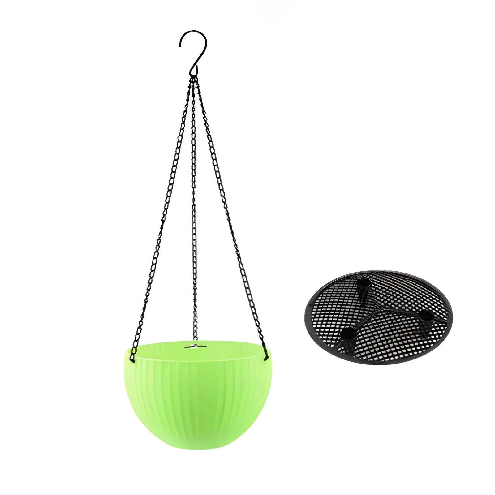 Plastic hanging basket planter with chain in one of seven colours, showing inner pot.