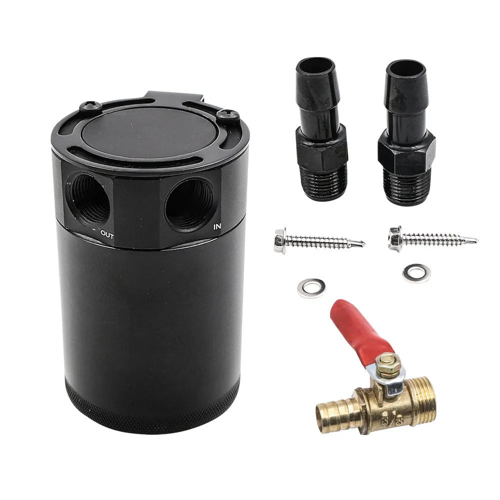 Black aluminium automotive oil pot with two connector holes and optional drain valve