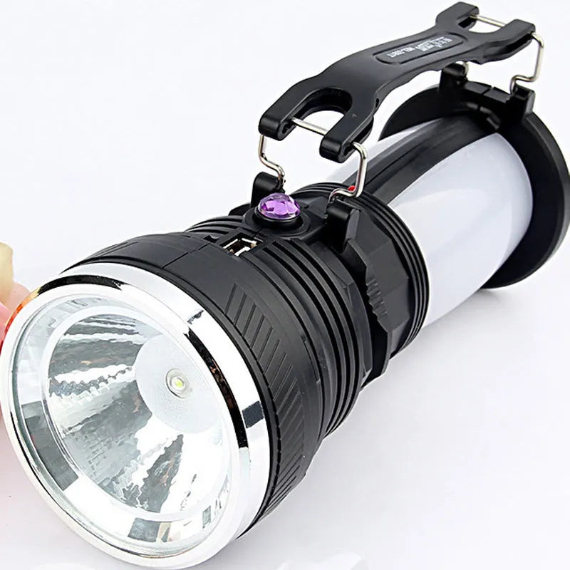 Black solar charging LED flashlight with USB port and press switch on ABS body