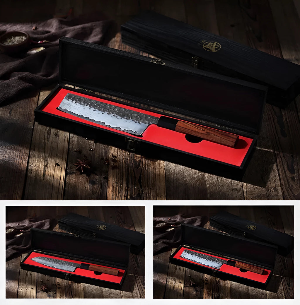 Hand forged Santoku chef knife with 149 cm silver blade on cutting board