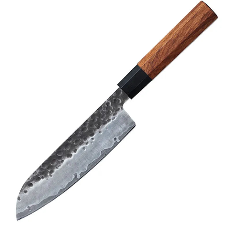 Hand forged Santoku chef knife with 149 cm silver blade on cutting board