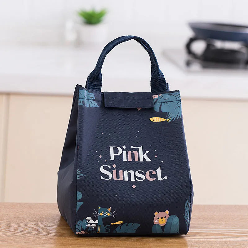 Thickened thermal insulation lunch bag in Oxford cloth with carrying handle and multiple colour pattern options