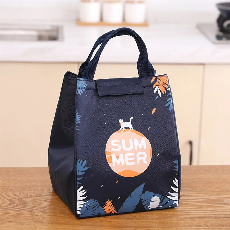 Thickened thermal insulation lunch bag in Oxford cloth with carrying handle and multiple colour pattern options