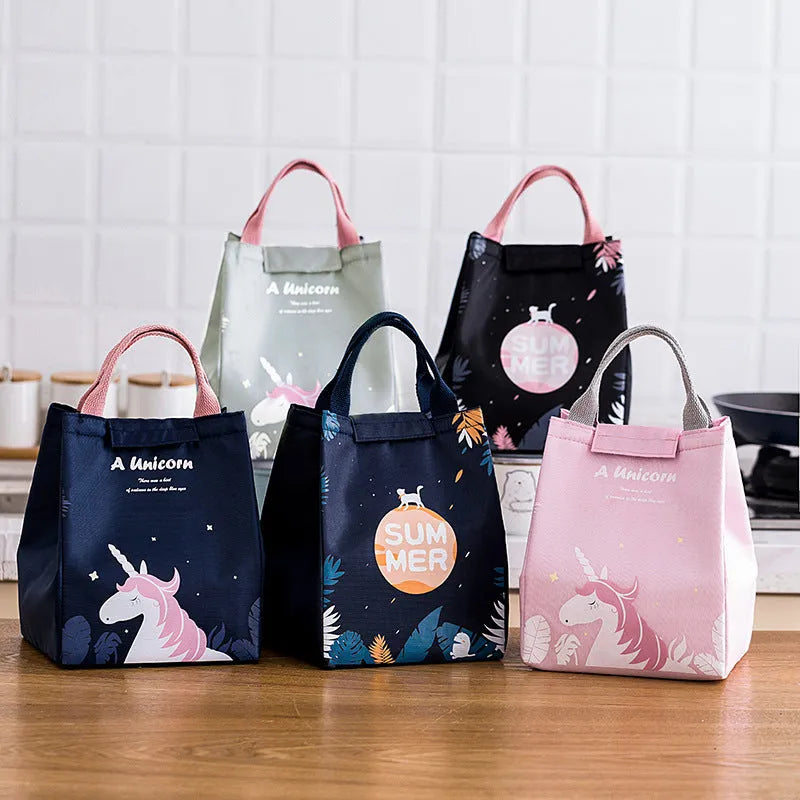Thickened thermal insulation lunch bag in Oxford cloth with carrying handle and multiple colour pattern options