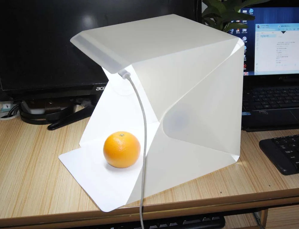 40cm folding soft light box with LED ring light and six coloured background cloths for product photography