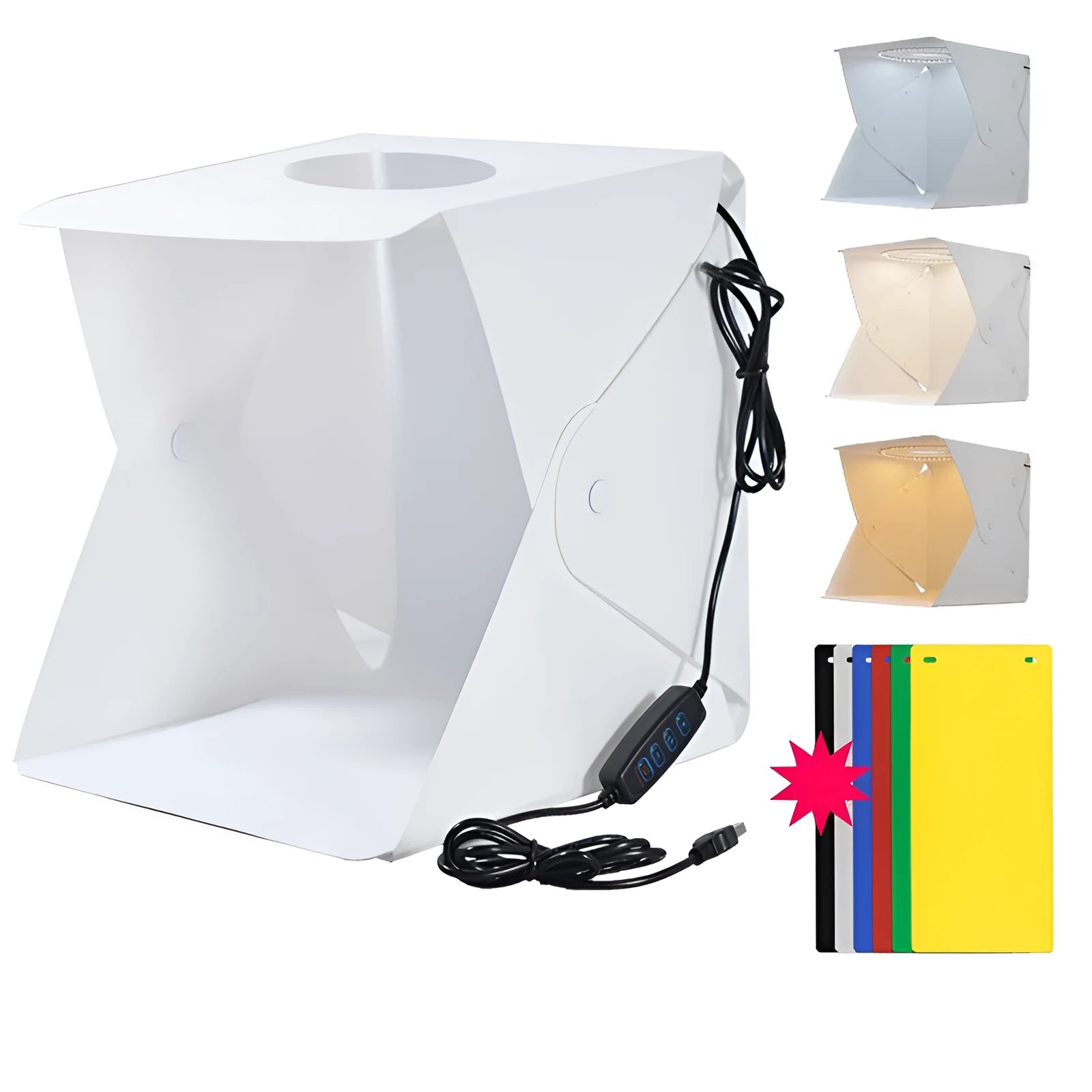 40cm folding soft light box with LED ring light and six coloured background cloths for product photography
