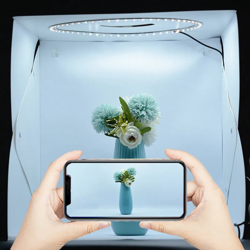 40cm folding soft light box with LED ring light and six coloured background cloths for product photography