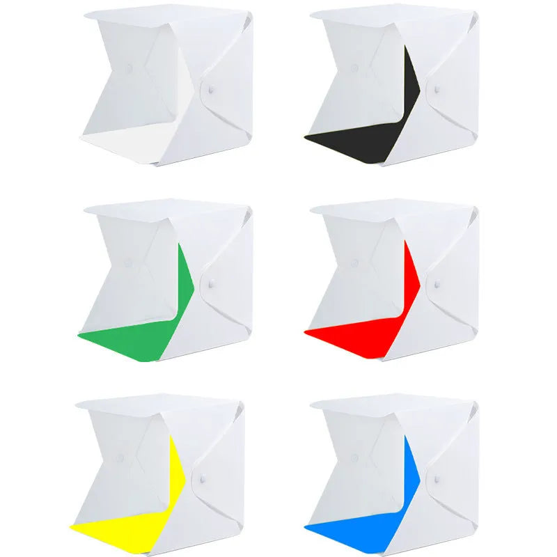 40cm folding soft light box with LED ring light and six coloured background cloths for product photography