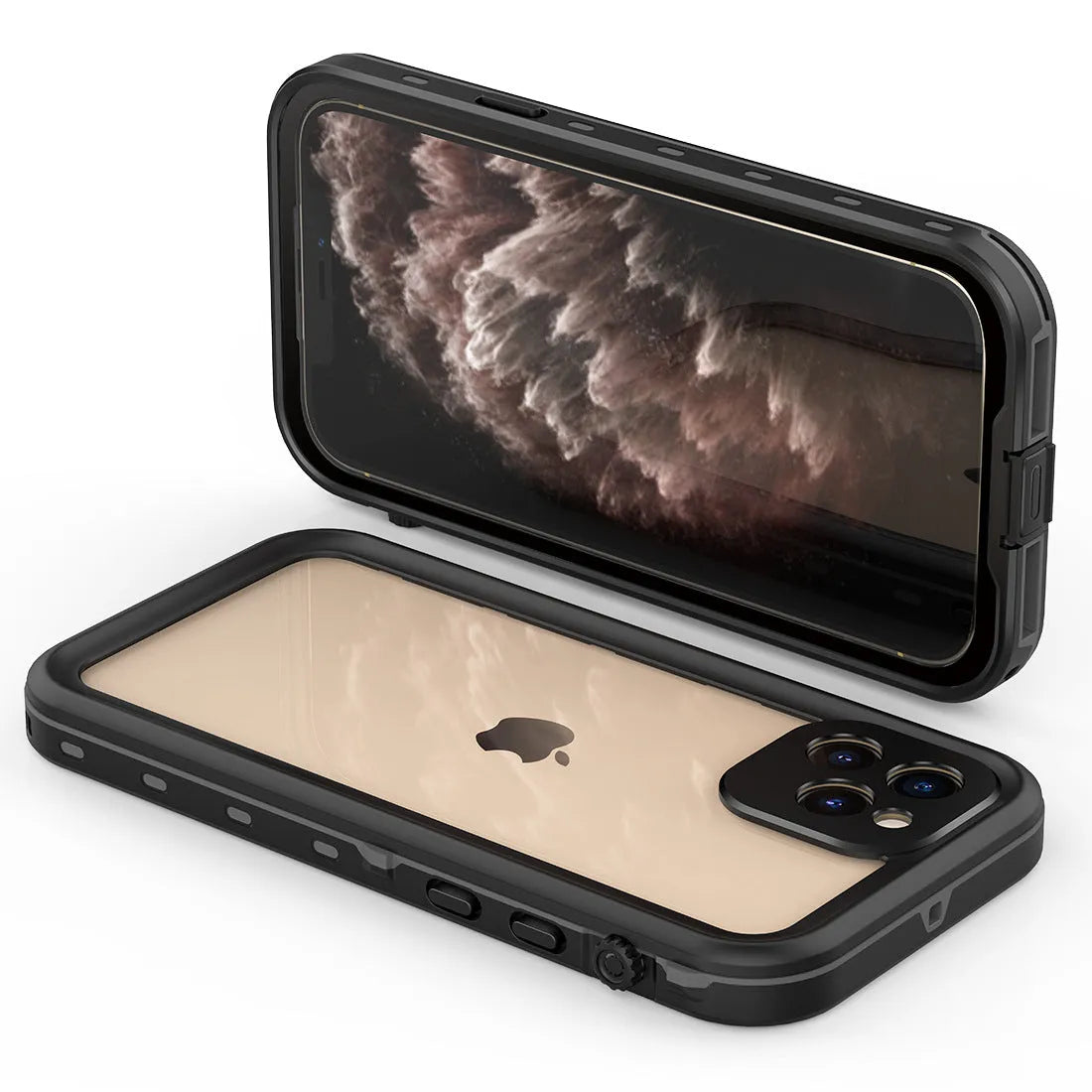 FREDPEPPER IP68 waterproof hard case for iPhone in black, blue, and red colours.