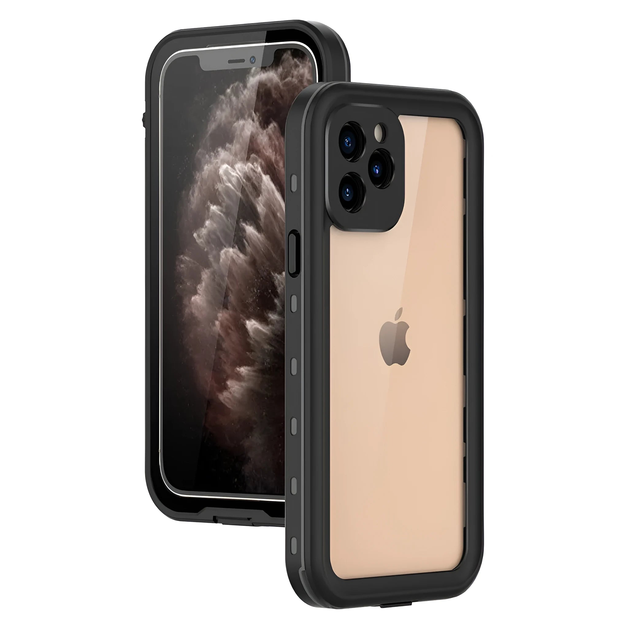 FREDPEPPER IP68 waterproof hard case for iPhone in black, blue, and red colours.