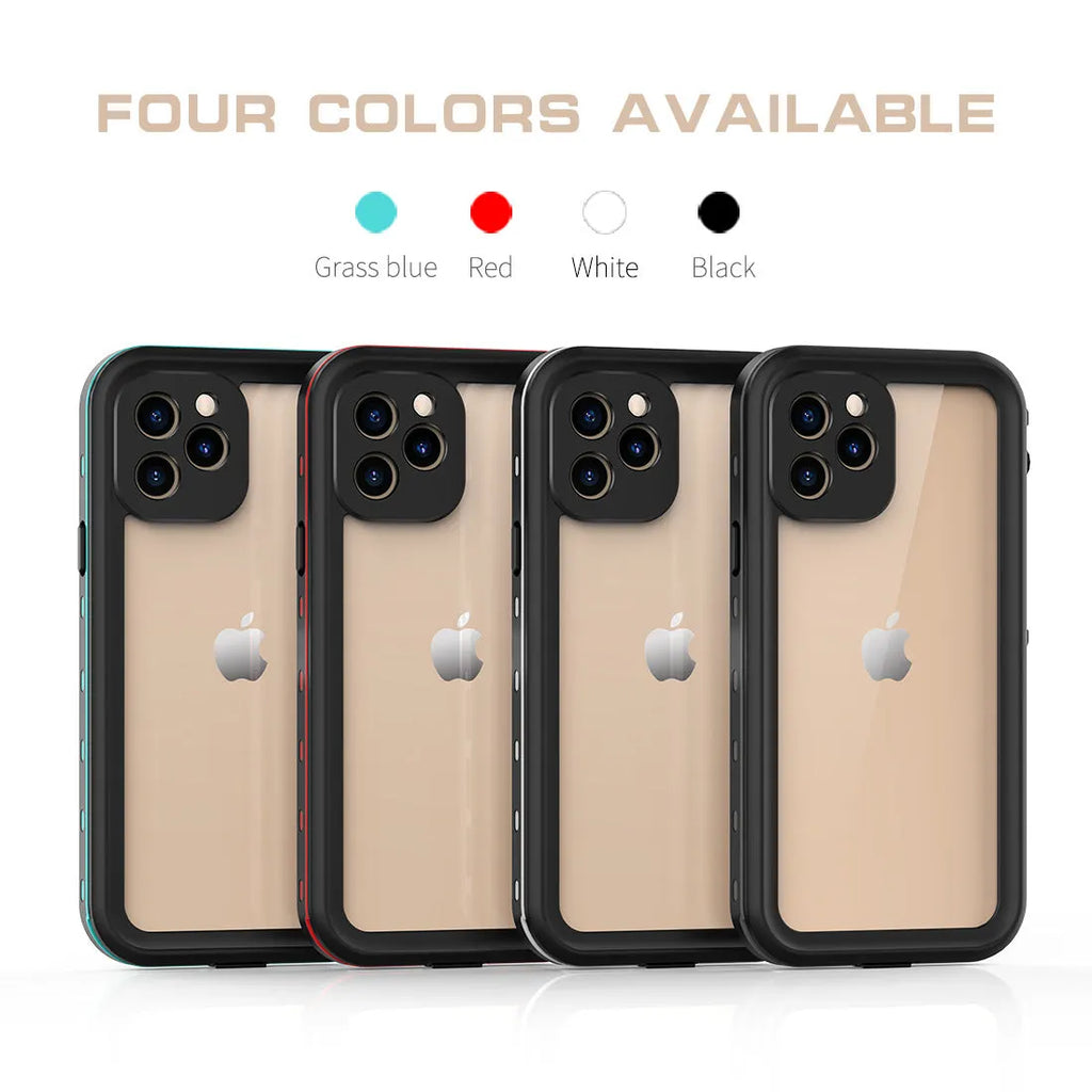 FREDPEPPER IP68 waterproof hard case for iPhone in black, blue, and red colours.
