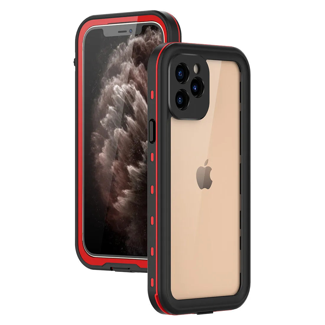 FREDPEPPER IP68 waterproof hard case for iPhone in black, blue, and red colours.