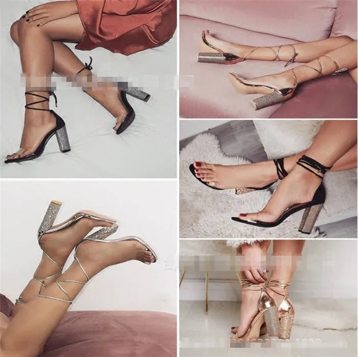 Women's black and gold plastic high heel sandals with a pointed toe design.