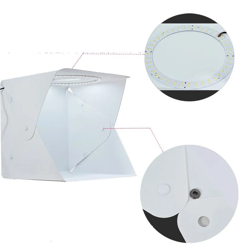 40cm folding soft light box with LED ring light and six coloured background cloths for product photography