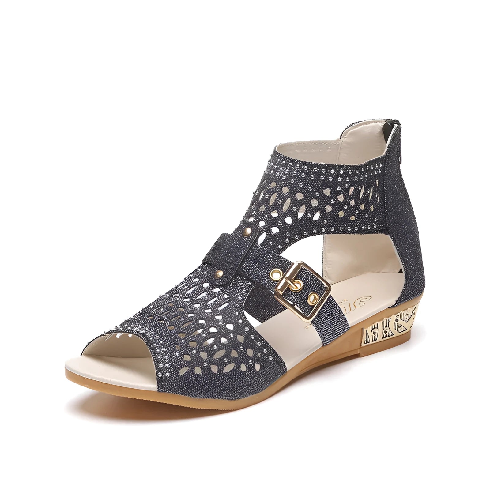 Women's beige patent leather flat sandals with a low wedge heel and back zipper closure