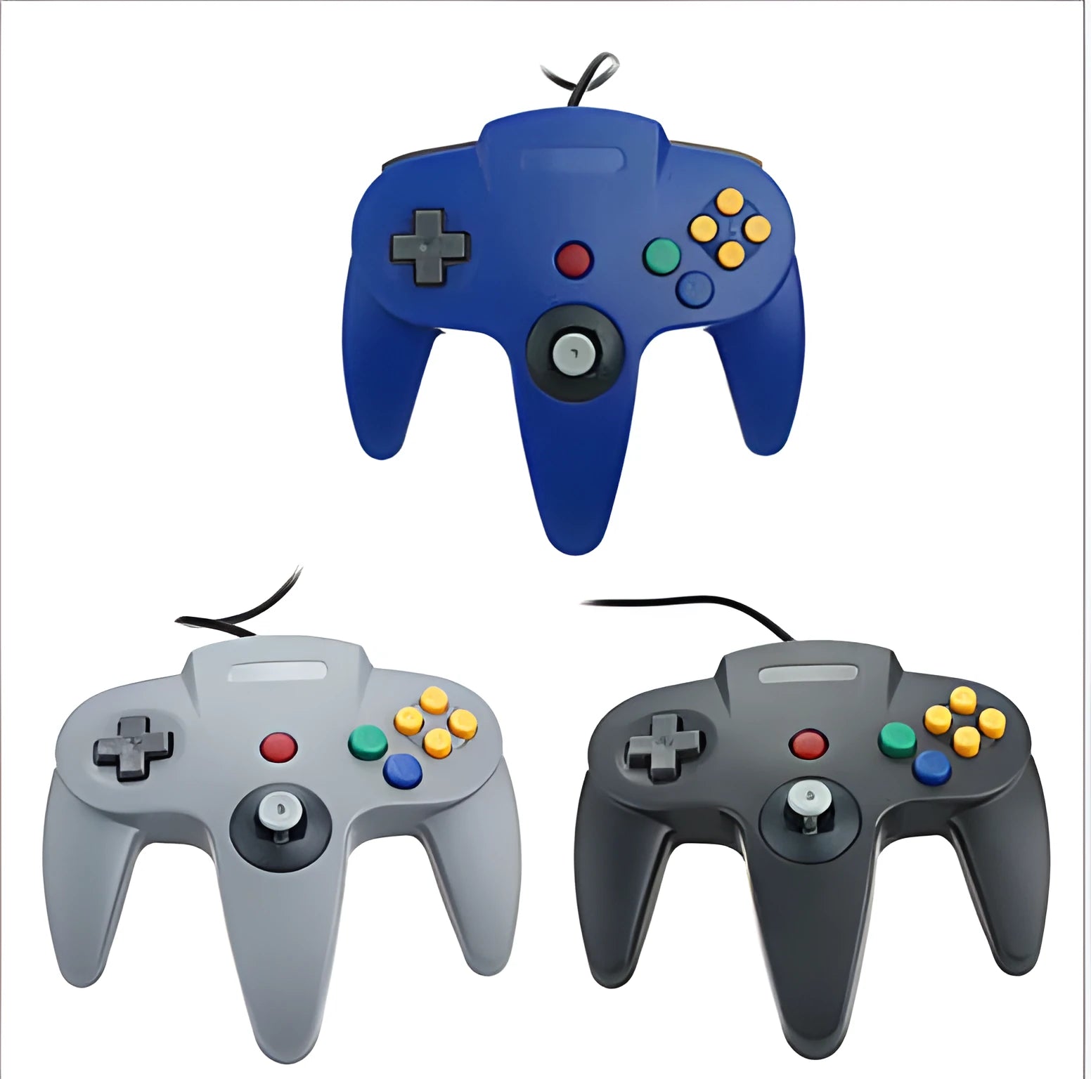 USB N64 computer game controller for PC in various colours including transparent blue, green, and red.