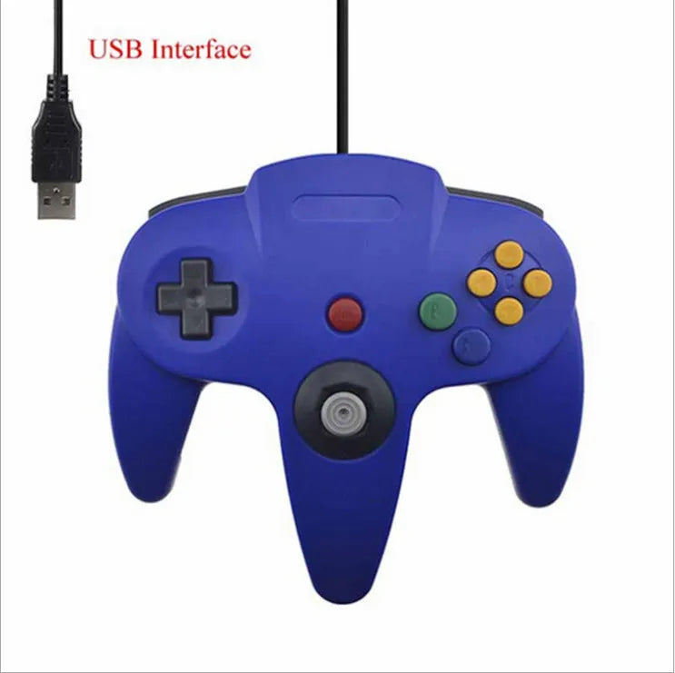 USB N64 computer game controller for PC in various colours including transparent blue, green, and red.
