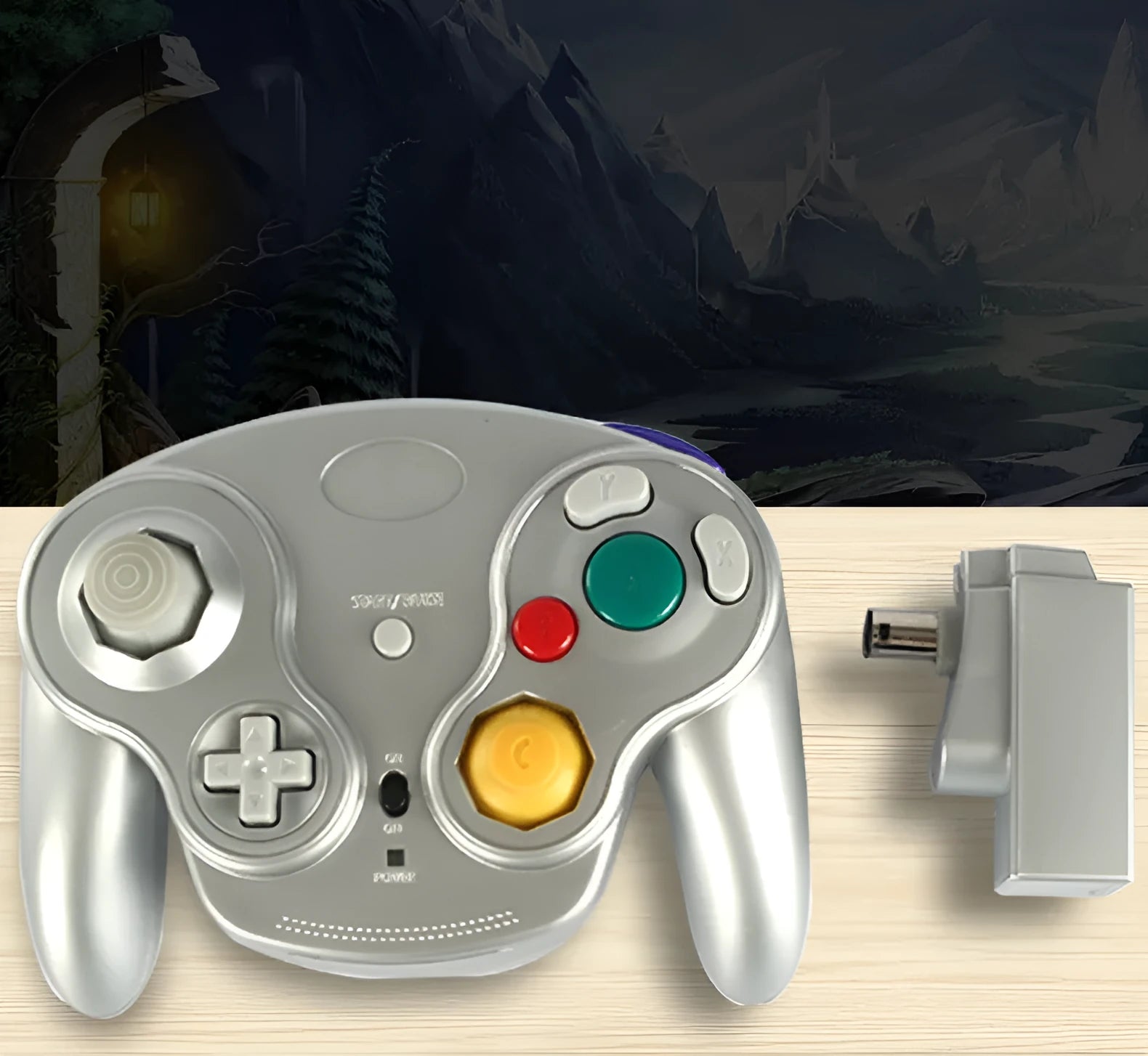 NGC wireless game controller for Wii and NGC consoles in six colour options showing dimensions.