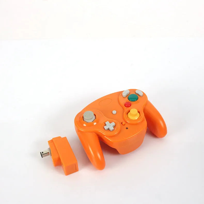 NGC wireless game controller for Wii and NGC consoles in six colour options showing dimensions.