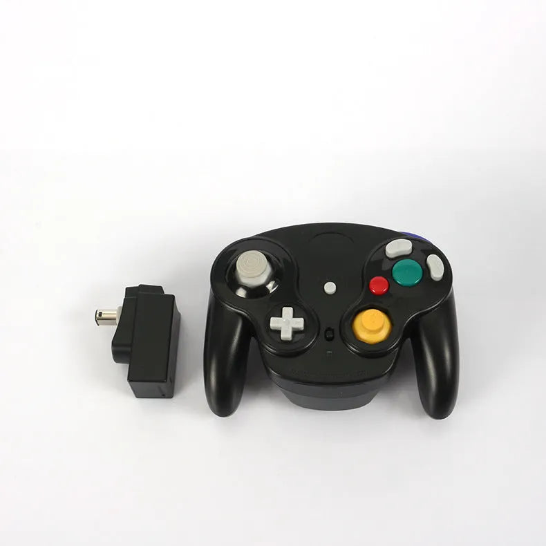 NGC wireless game controller for Wii and NGC consoles in six colour options showing dimensions.