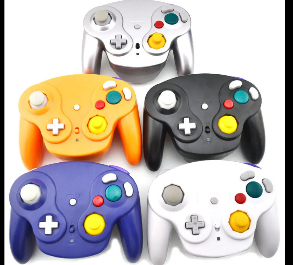 NGC wireless game controller for Wii and NGC consoles in six colour options showing dimensions.