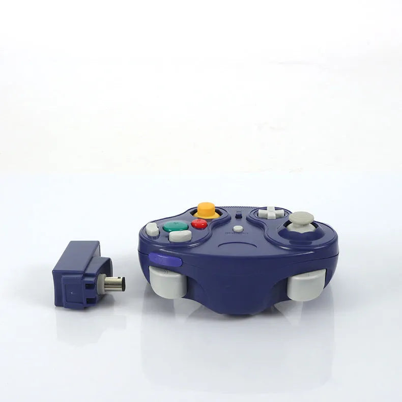 NGC wireless game controller for Wii and NGC consoles in six colour options showing dimensions.