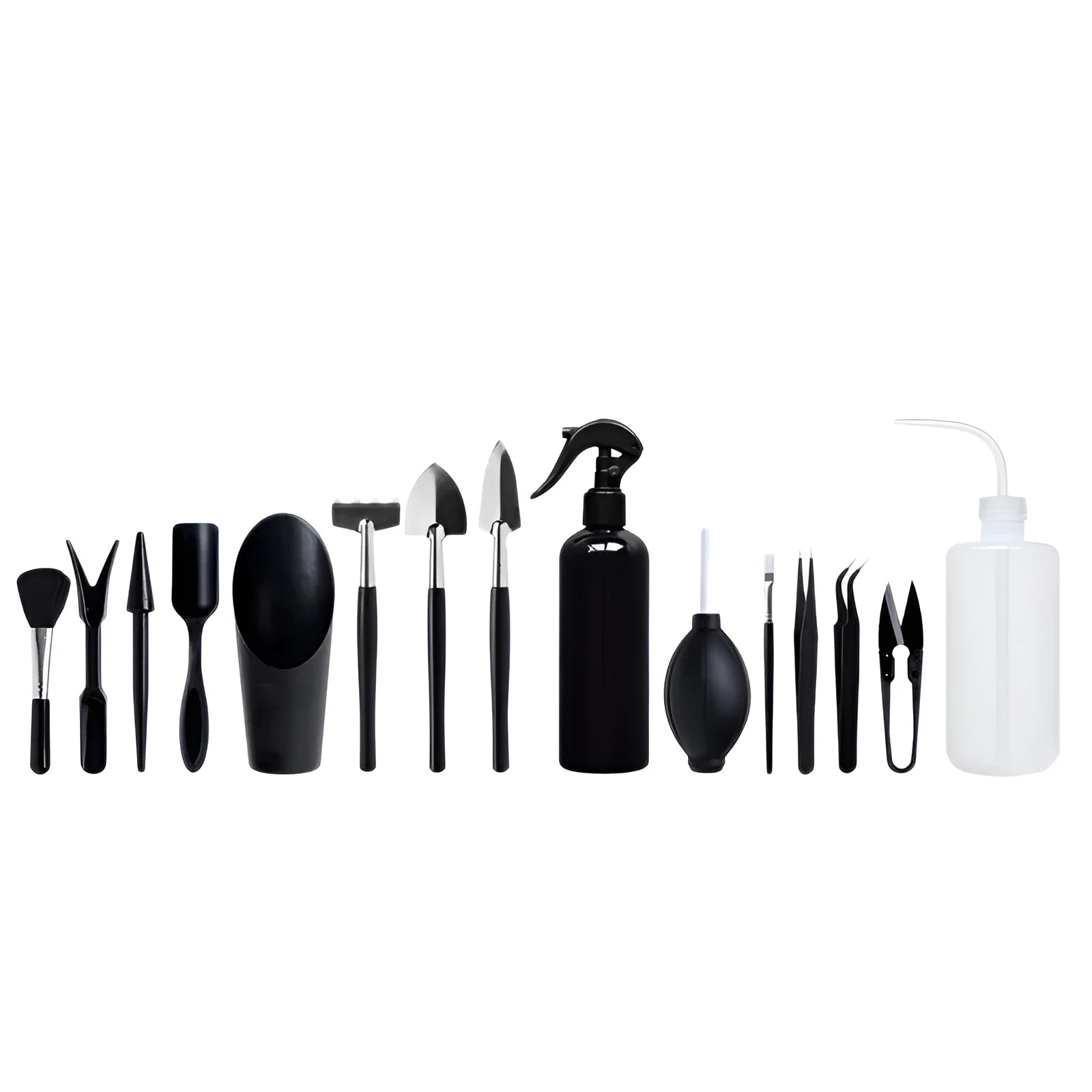 Succulent and bonsai garden hand tools set with 16 pieces including scissors, tweezers, shovel, and watering bottle