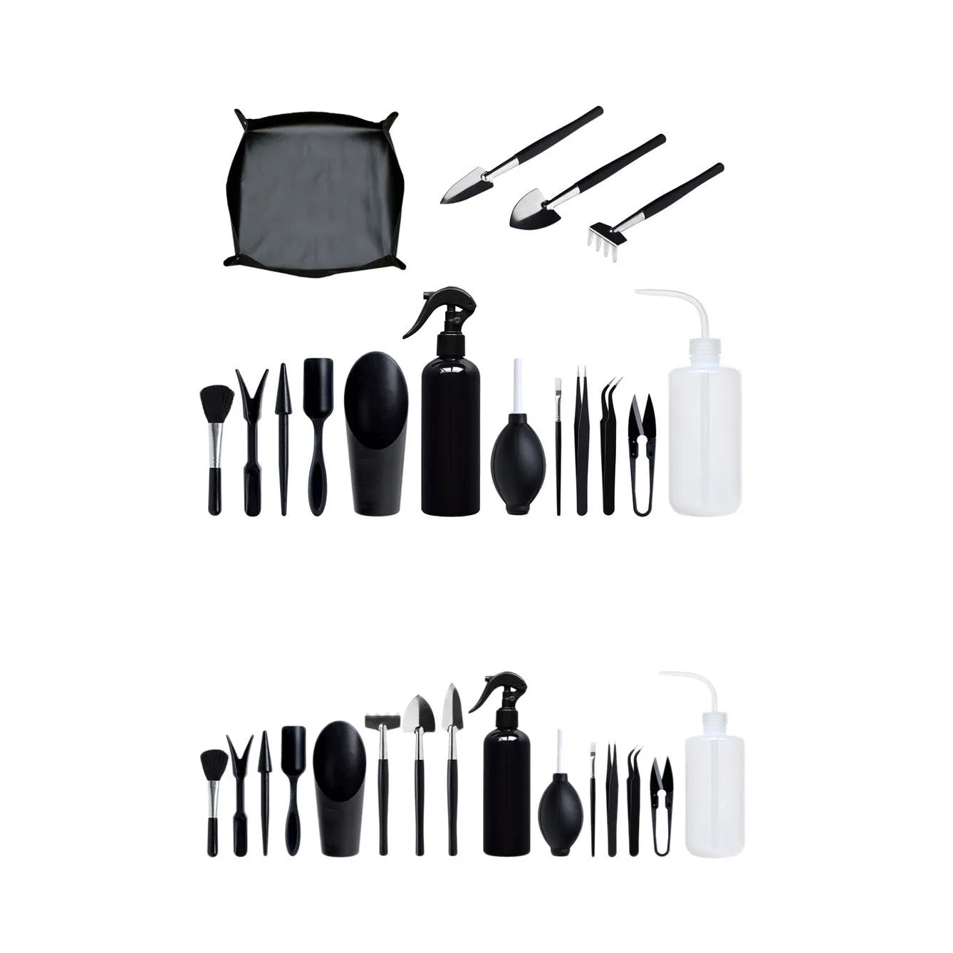 Succulent and bonsai garden hand tools set with 16 pieces including scissors, tweezers, shovel, and watering bottle