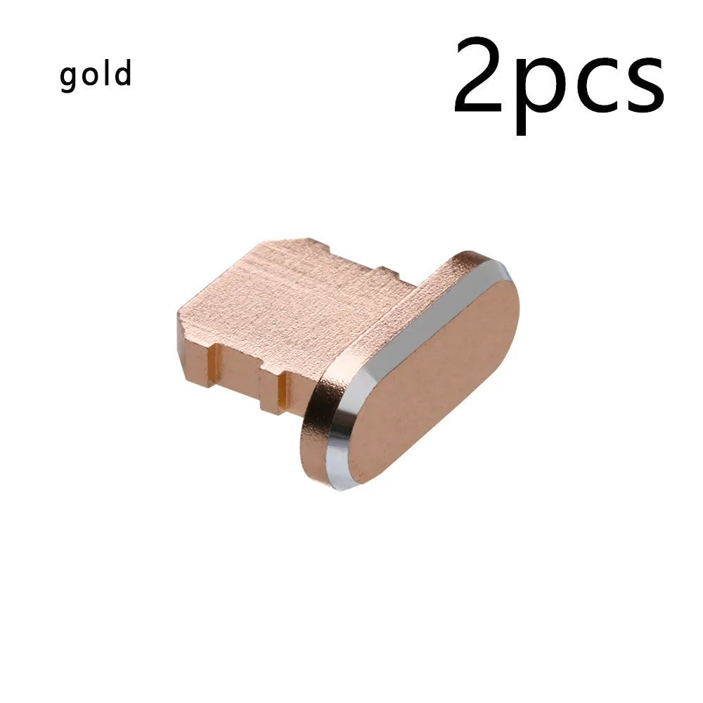 Aluminium alloy charging port dust plug for iPhone in various colours including gold, silver, and rose gold.
