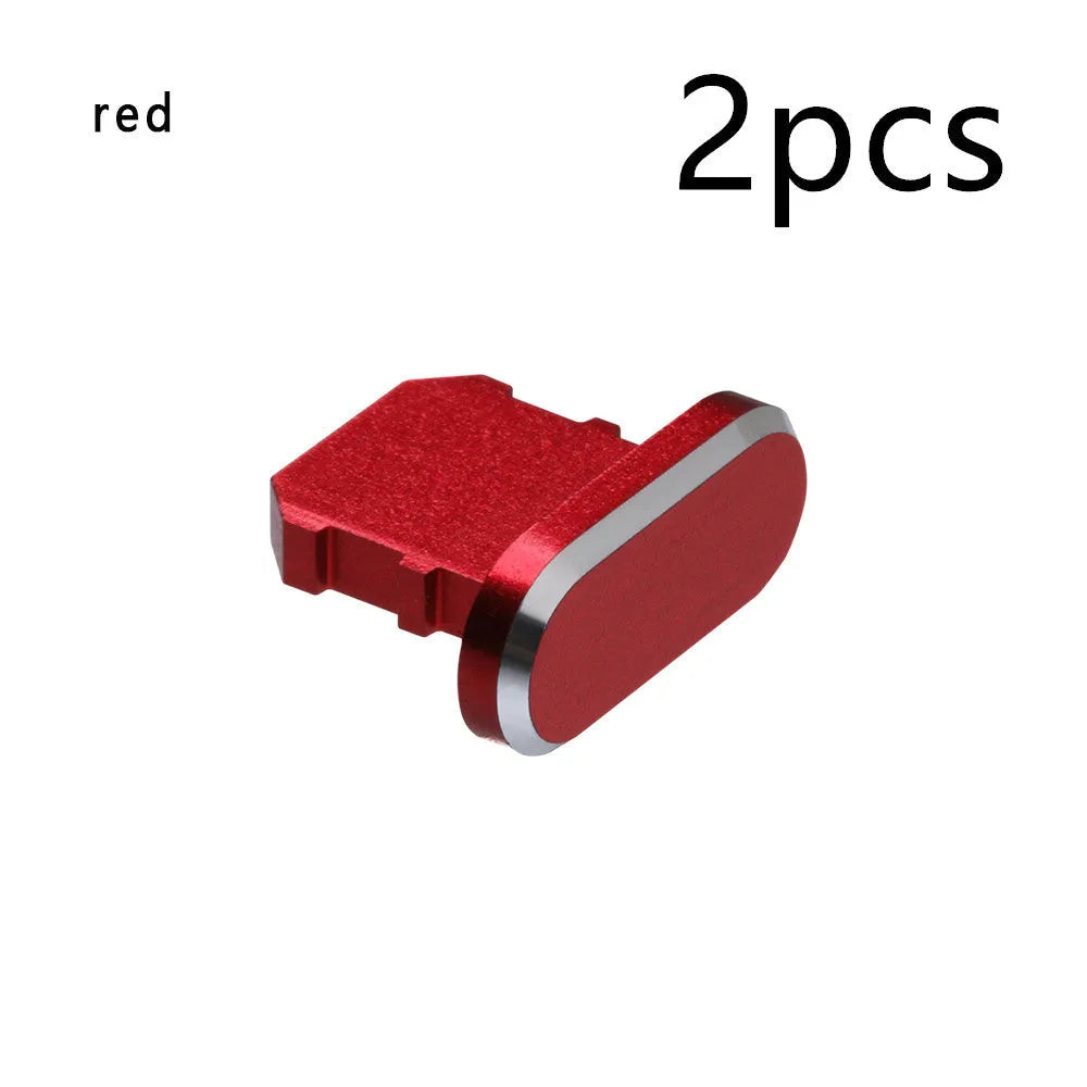 Aluminium alloy charging port dust plug for iPhone in various colours including gold, silver, and rose gold.