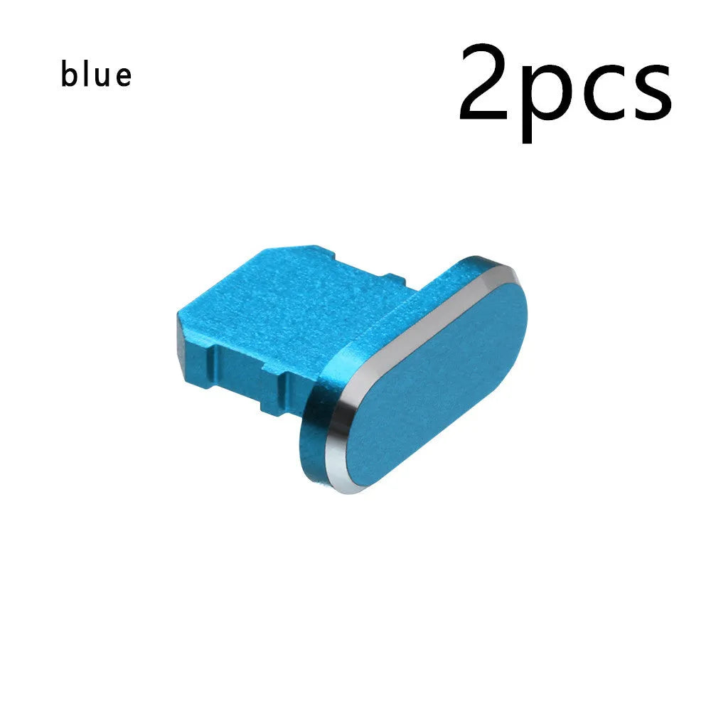 Aluminium alloy charging port dust plug for iPhone in various colours including gold, silver, and rose gold.
