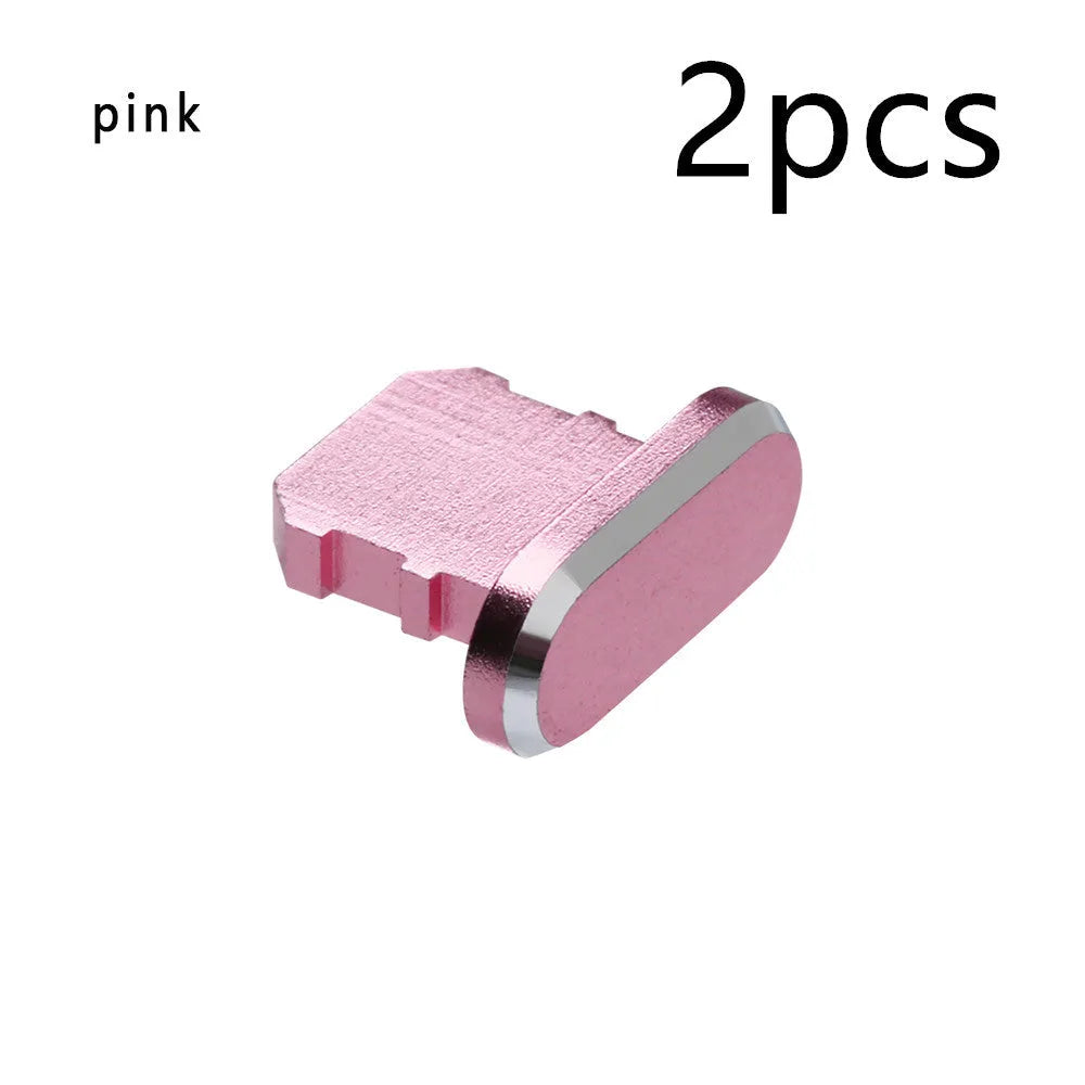 Aluminium alloy charging port dust plug for iPhone in various colours including gold, silver, and rose gold.