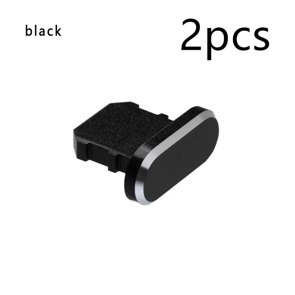Aluminium alloy charging port dust plug for iPhone in various colours including gold, silver, and rose gold.