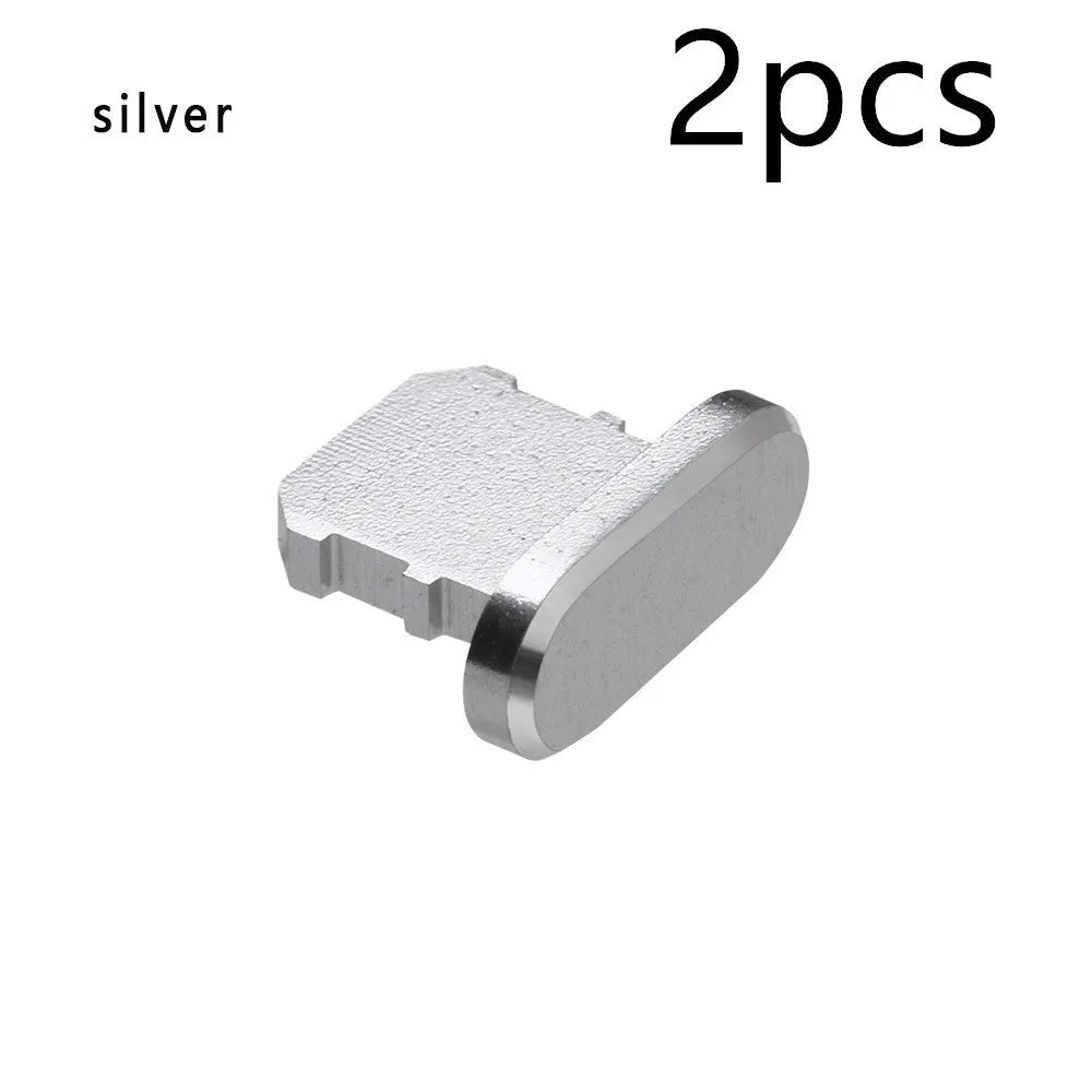 Aluminium alloy charging port dust plug for iPhone in various colours including gold, silver, and rose gold.