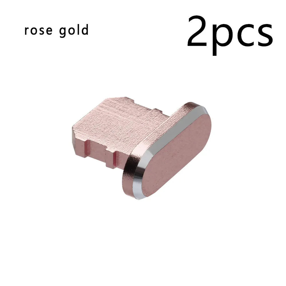 Aluminium alloy charging port dust plug for iPhone in various colours including gold, silver, and rose gold.