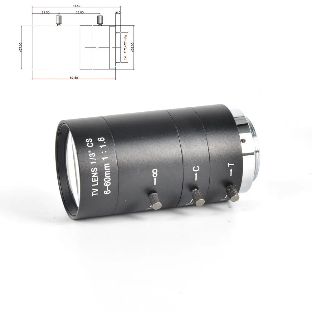 Black CS mount manual aperture camera lens with 6-60mm focal length markings