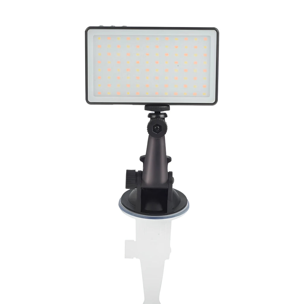 Black aluminium LED video conference light panel with 96 LEDs, shown next to a laptop.